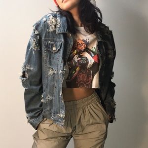 Custom distressed denim jacket